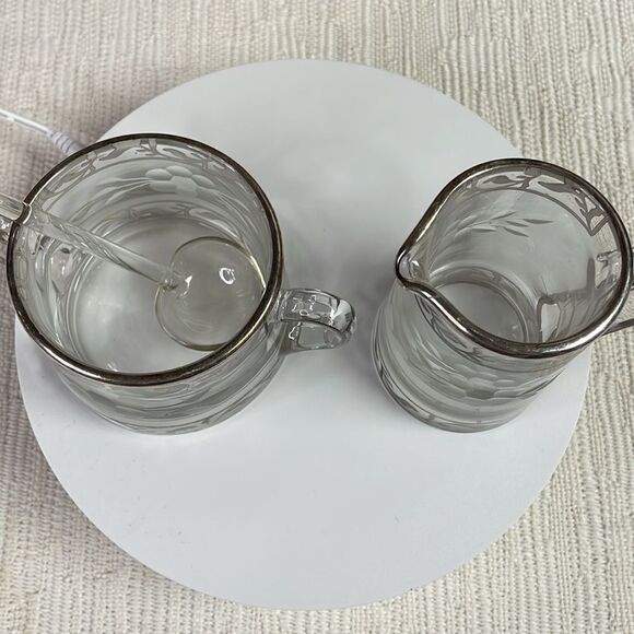 Glass Creamer & Sugar Bowl & Glass Spoon Sterling Silver Overlay&Etched Flowers - Picture 6 of 9